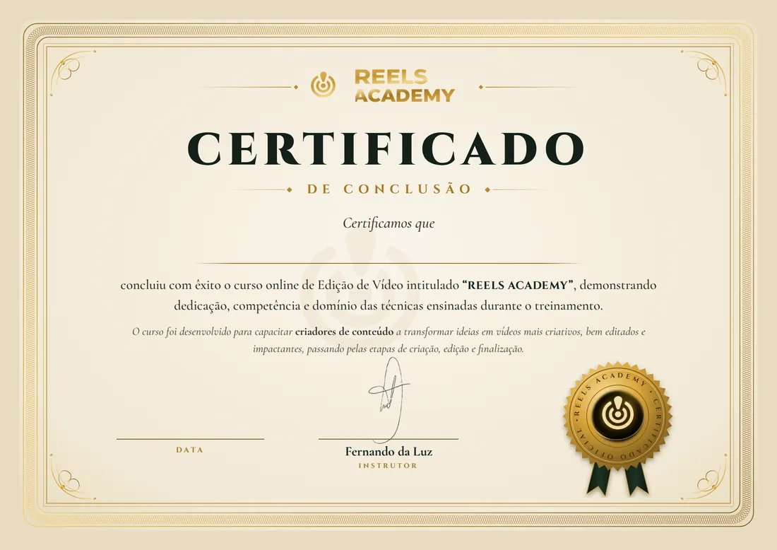 Modelo do certificado de conclusão do Reels Academy